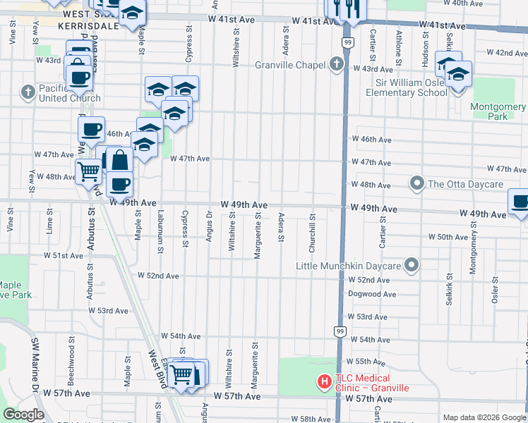 map of restaurants, bars, coffee shops, grocery stores, and more near in Vancouver
