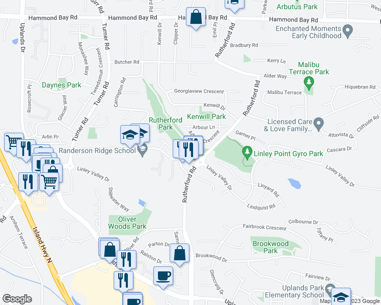 map of restaurants, bars, coffee shops, grocery stores, and more near 5934 Nelson Road in Nanaimo