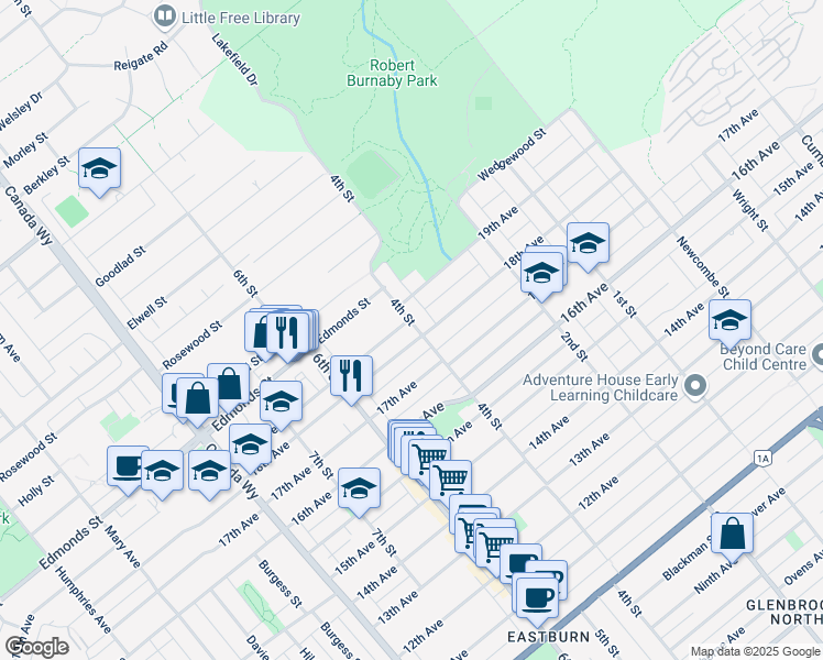 map of restaurants, bars, coffee shops, grocery stores, and more near 7999 18th Avenue in Burnaby
