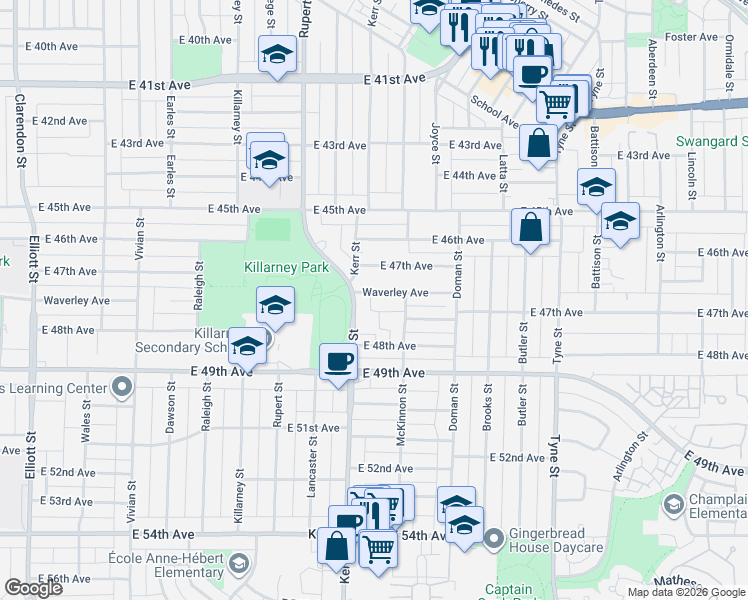 map of restaurants, bars, coffee shops, grocery stores, and more near 3126 Waverley Avenue in Vancouver