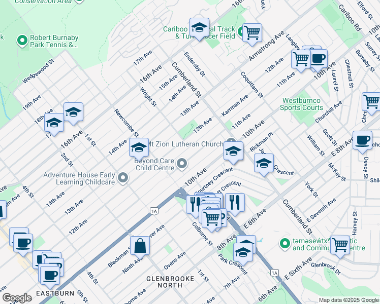 map of restaurants, bars, coffee shops, grocery stores, and more near 8391 11th Avenue in Burnaby
