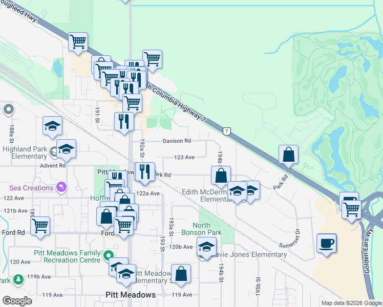 map of restaurants, bars, coffee shops, grocery stores, and more near 19379 123 Avenue in Pitt Meadows