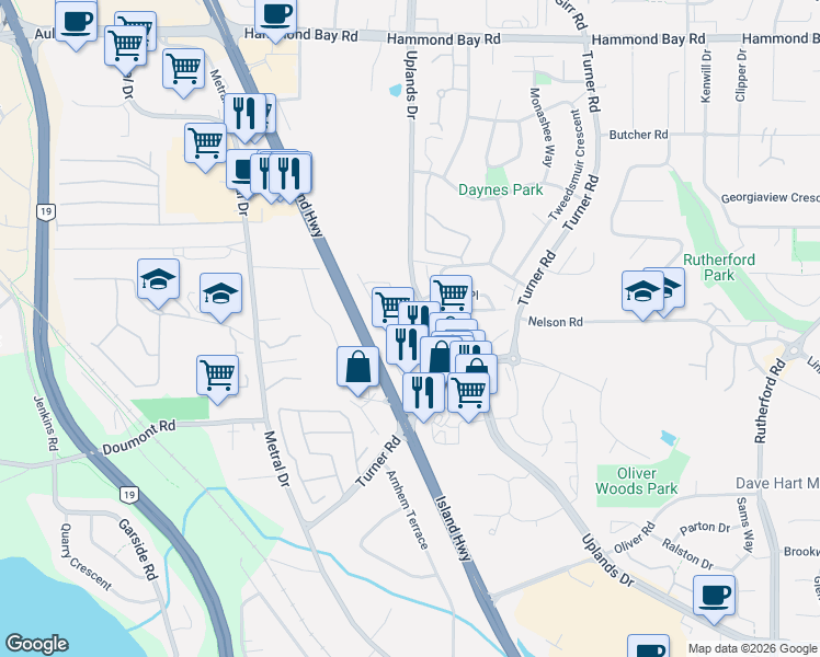 map of restaurants, bars, coffee shops, grocery stores, and more near 5994 Cedar Grove Drive in Nanaimo