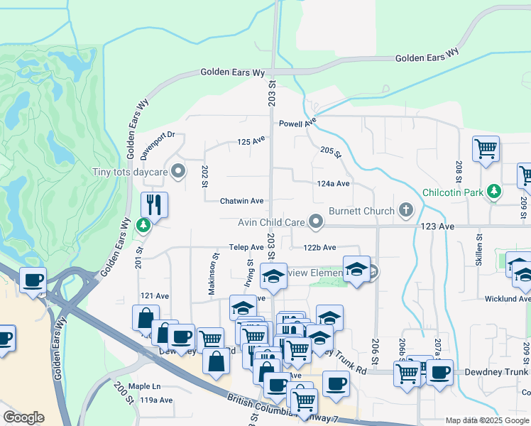 map of restaurants, bars, coffee shops, grocery stores, and more near 20353 123 Avenue in Maple Ridge