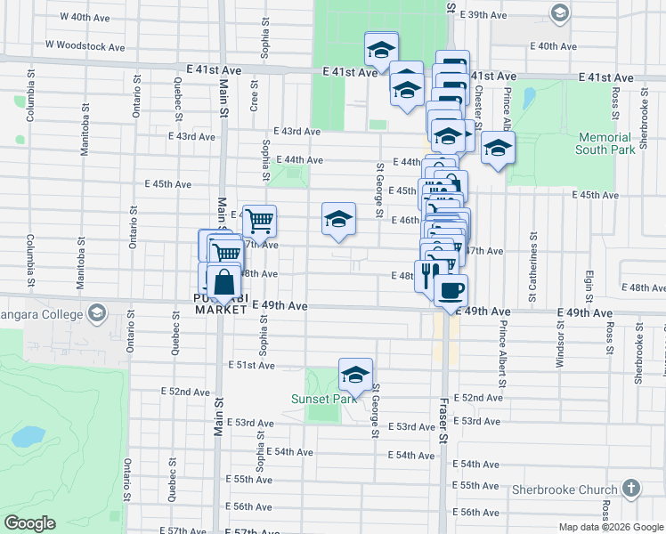 map of restaurants, bars, coffee shops, grocery stores, and more near 433 East 48th Avenue in Vancouver