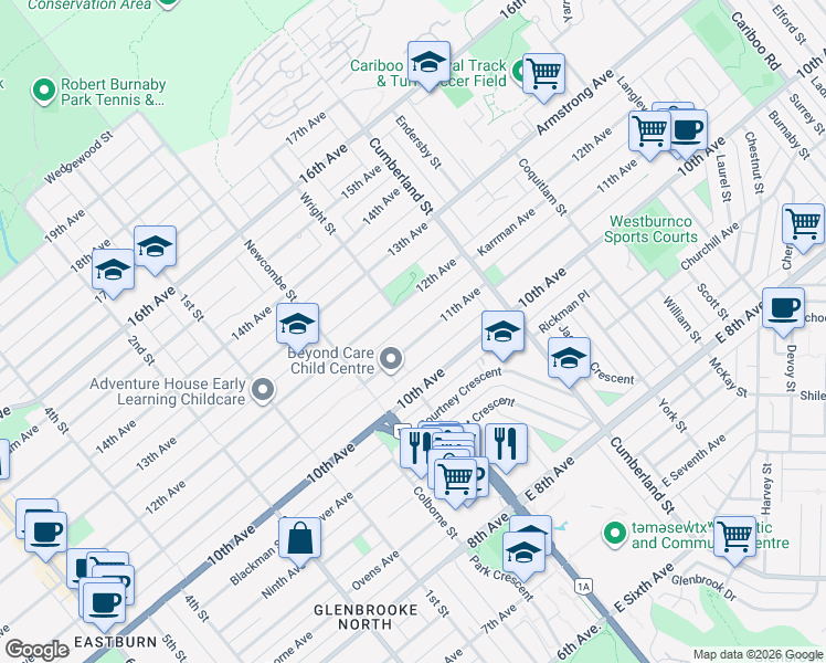 map of restaurants, bars, coffee shops, grocery stores, and more near 8399 11th Avenue in Burnaby