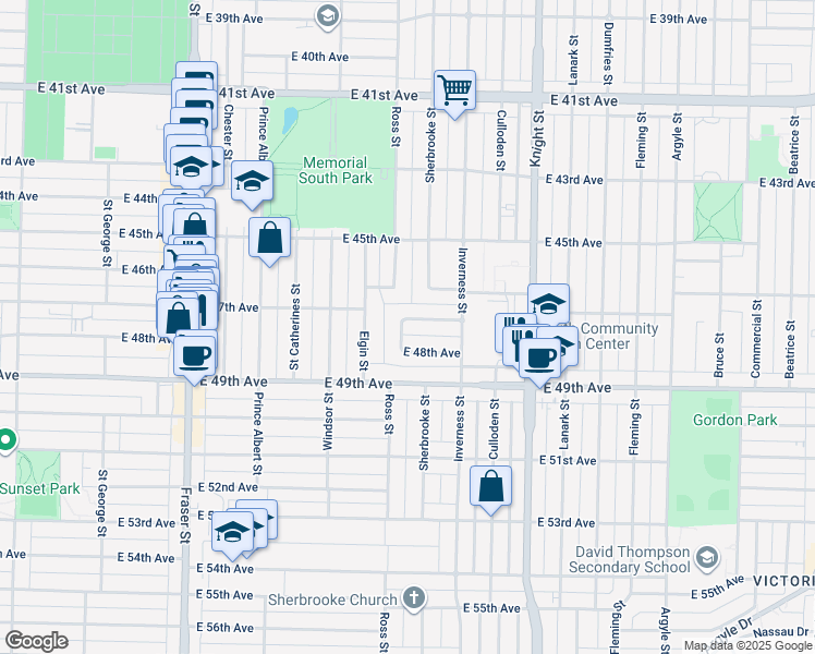 map of restaurants, bars, coffee shops, grocery stores, and more near 6360 Ross Street in Vancouver