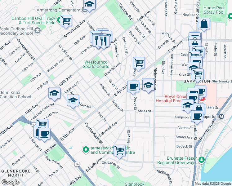 map of restaurants, bars, coffee shops, grocery stores, and more near 231 East 8th Avenue in New Westminster