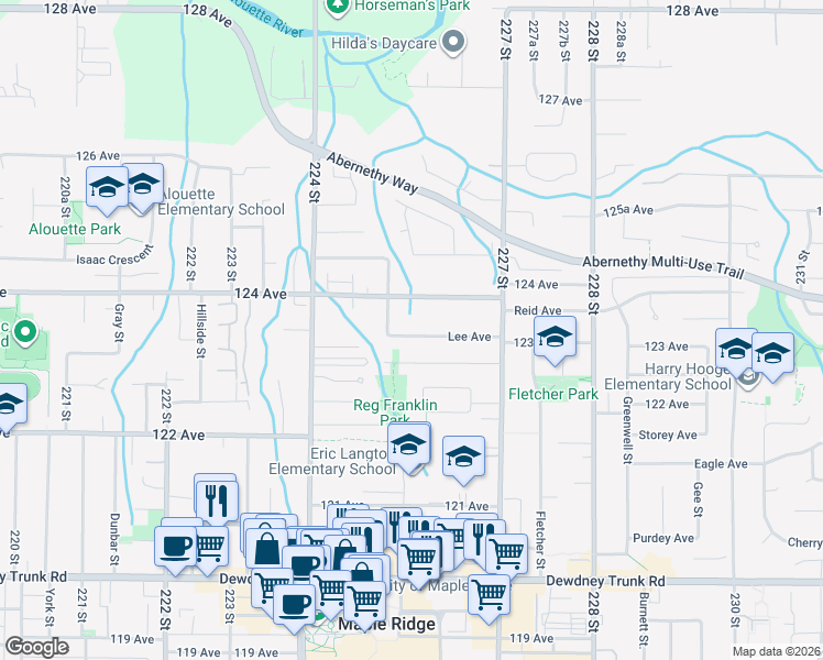 map of restaurants, bars, coffee shops, grocery stores, and more near 22537 Lee Avenue in Maple Ridge