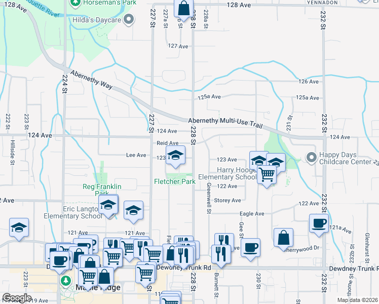 map of restaurants, bars, coffee shops, grocery stores, and more near 12355 228 Street in Maple Ridge