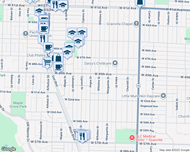 map of restaurants, bars, coffee shops, grocery stores, and more near 1788 West 49th Avenue in Vancouver