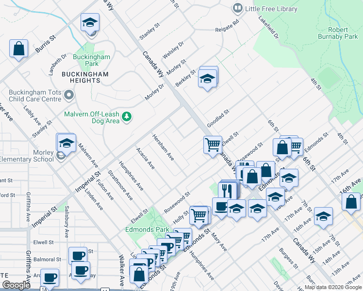 map of restaurants, bars, coffee shops, grocery stores, and more near 7620 Formby Street in Burnaby