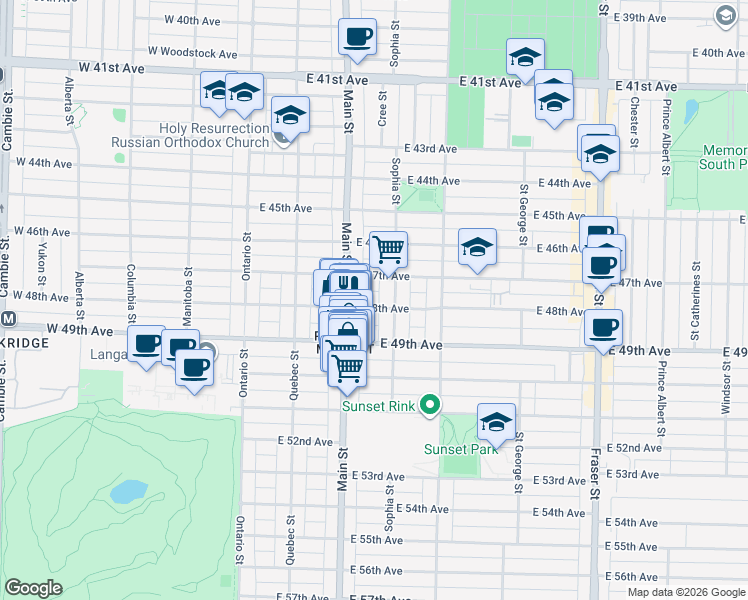 map of restaurants, bars, coffee shops, grocery stores, and more near 279 East 48th Avenue in Vancouver