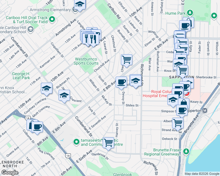 map of restaurants, bars, coffee shops, grocery stores, and more near 240 East 8th Avenue in New Westminster