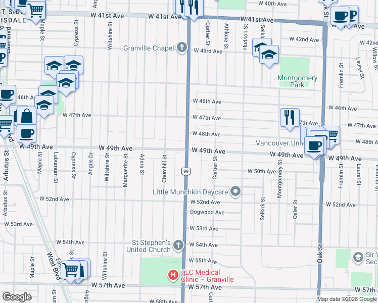 map of restaurants, bars, coffee shops, grocery stores, and more near 49 Avenue West in Vancouver