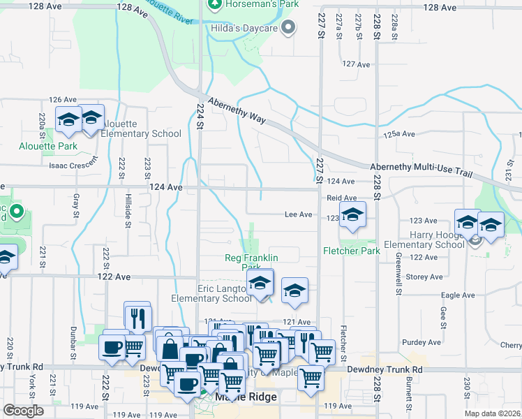 map of restaurants, bars, coffee shops, grocery stores, and more near 12380 Edge Street in Maple Ridge
