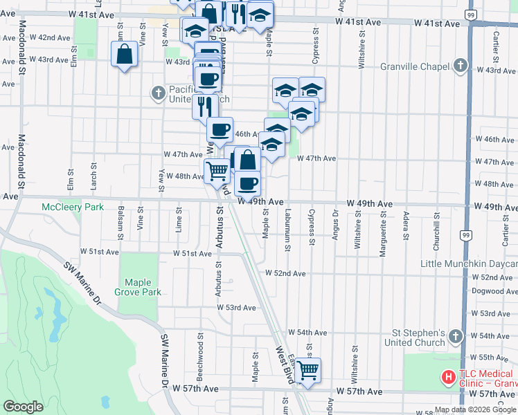 map of restaurants, bars, coffee shops, grocery stores, and more near 6507 Maple Street in Vancouver
