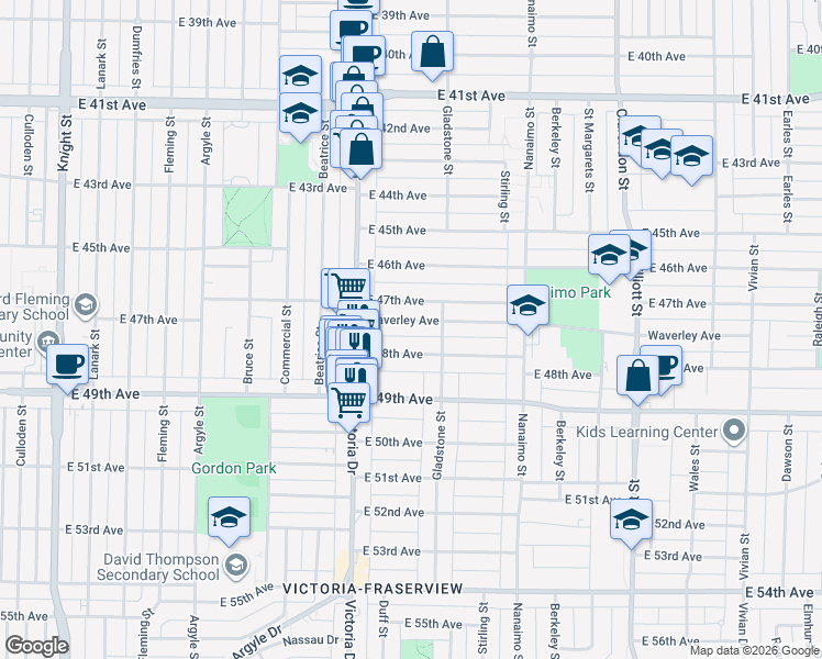map of restaurants, bars, coffee shops, grocery stores, and more near 2118 Waverley Avenue in Vancouver