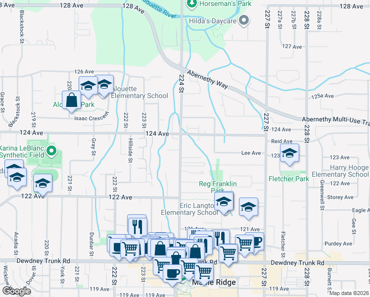 map of restaurants, bars, coffee shops, grocery stores, and more near 12344 224 Street in Maple Ridge