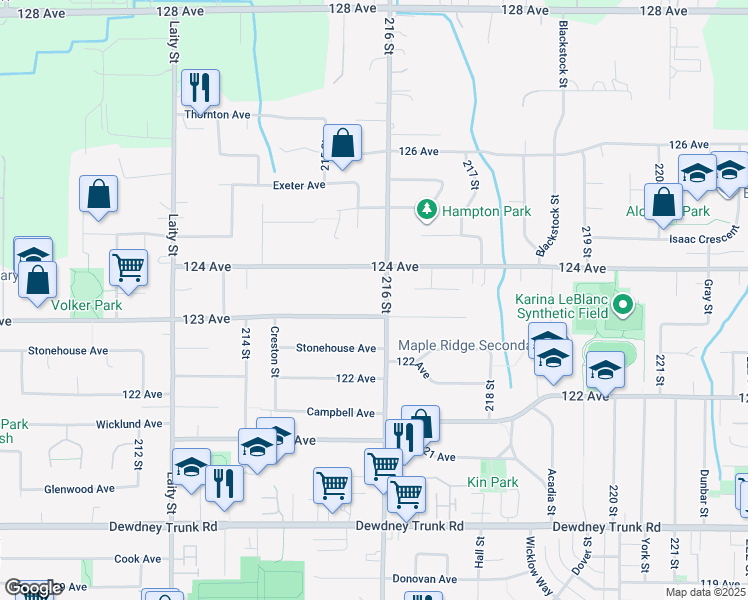 map of restaurants, bars, coffee shops, grocery stores, and more near 12351 216 Street in Maple Ridge