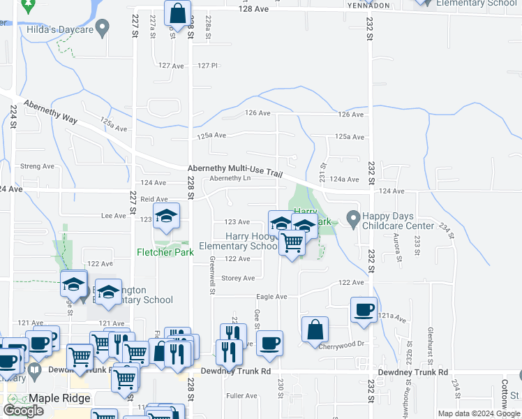 map of restaurants, bars, coffee shops, grocery stores, and more near 22960 123B Avenue in Maple Ridge