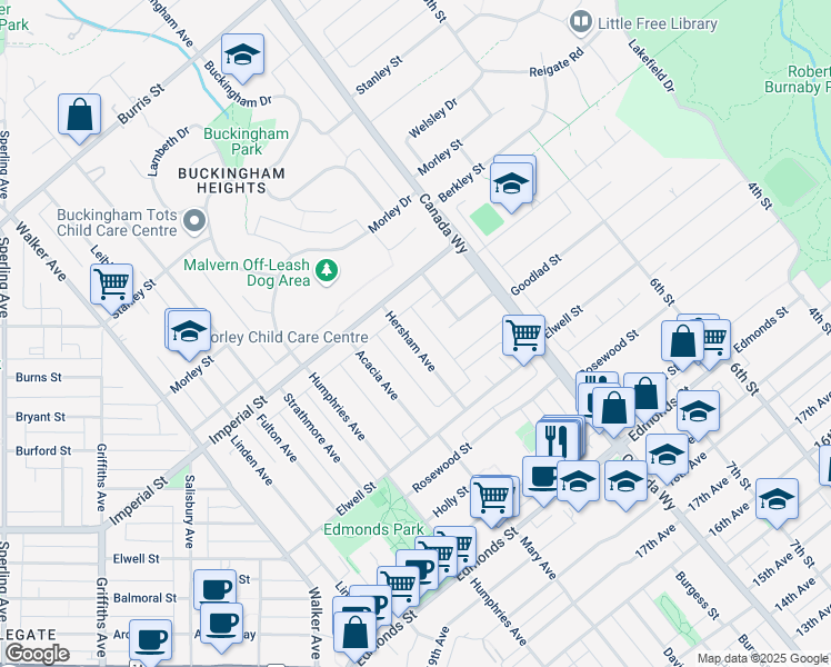 map of restaurants, bars, coffee shops, grocery stores, and more near in Burnaby