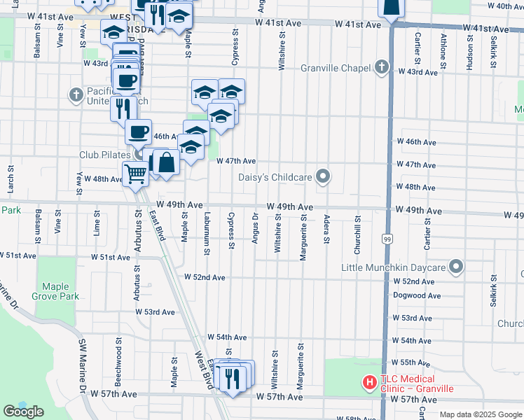 map of restaurants, bars, coffee shops, grocery stores, and more near in Vancouver