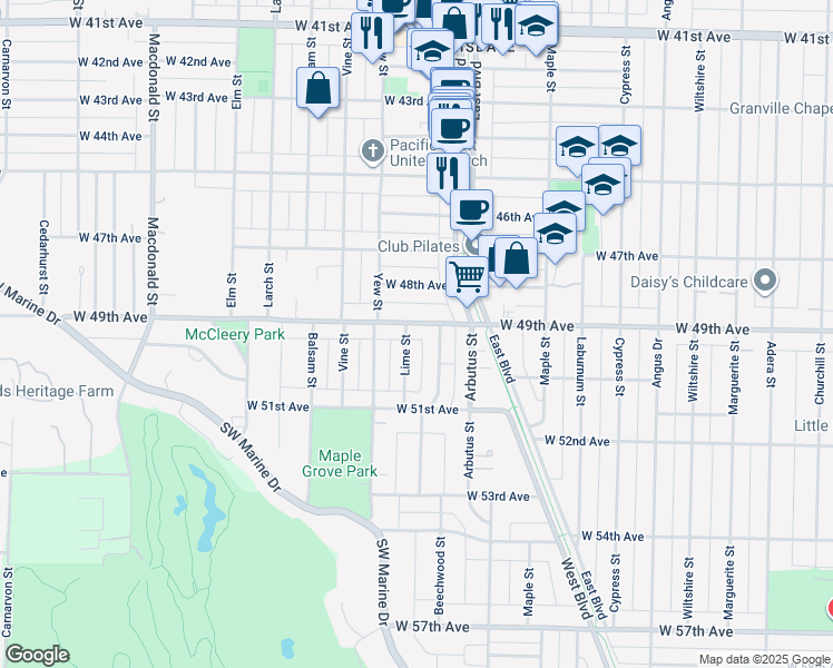 map of restaurants, bars, coffee shops, grocery stores, and more near 6510 Lime Street in Vancouver