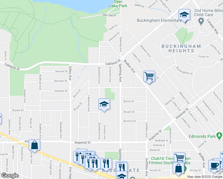 map of restaurants, bars, coffee shops, grocery stores, and more near 6660 Stanley Street in Burnaby