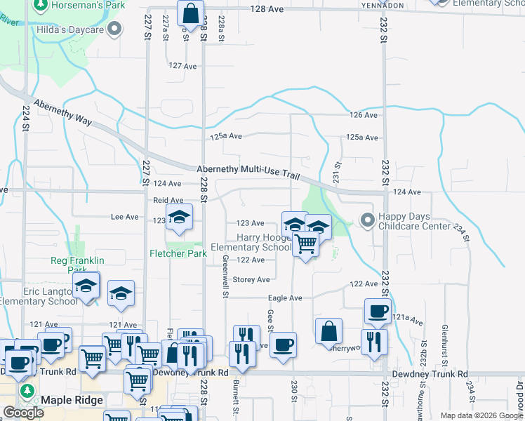 map of restaurants, bars, coffee shops, grocery stores, and more near 22928 123B Avenue in Maple Ridge
