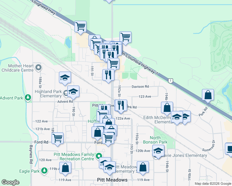 map of restaurants, bars, coffee shops, grocery stores, and more near 12371 Harris Road in Pitt Meadows
