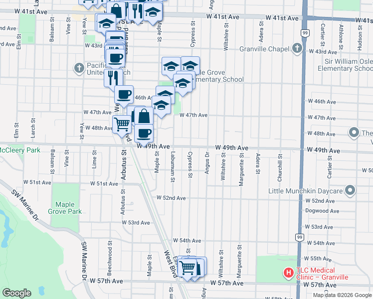 map of restaurants, bars, coffee shops, grocery stores, and more near 6507 Cypress Street in Vancouver