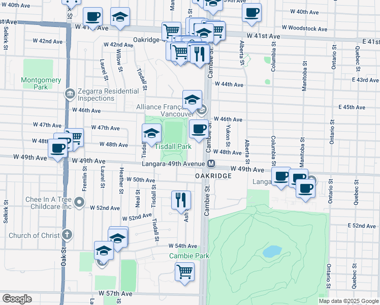 map of restaurants, bars, coffee shops, grocery stores, and more near 6426 Ash Street in Vancouver