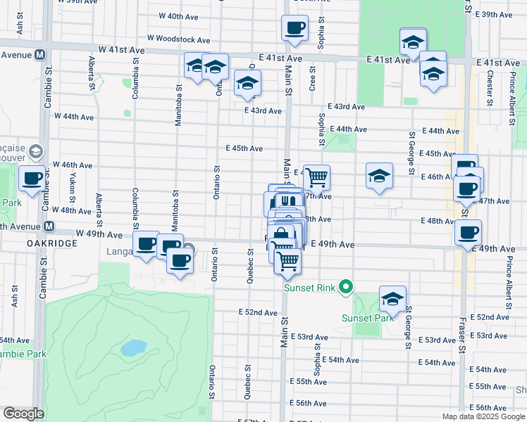 map of restaurants, bars, coffee shops, grocery stores, and more near 125 East 48th Avenue in Vancouver