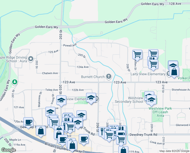 map of restaurants, bars, coffee shops, grocery stores, and more near 12340 206 Street in Maple Ridge