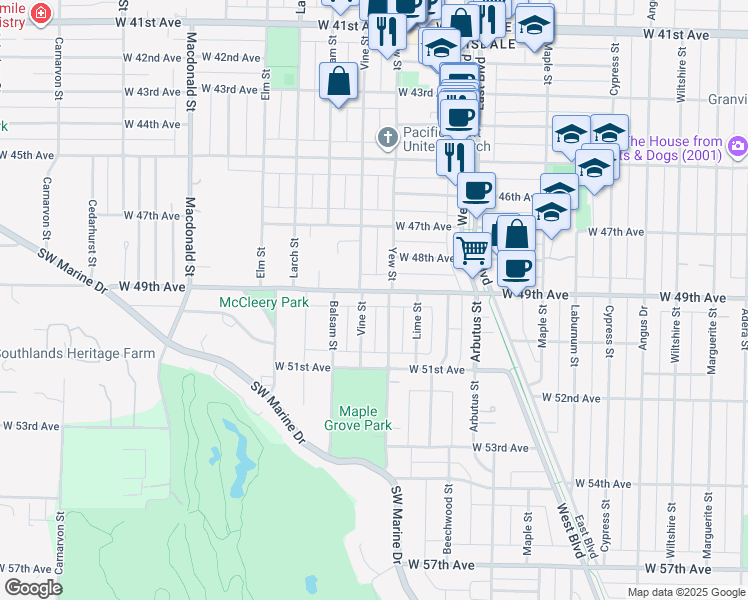 map of restaurants, bars, coffee shops, grocery stores, and more near 2258 West 49th Avenue in Vancouver