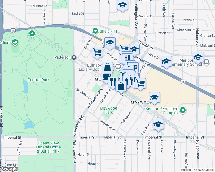 map of restaurants, bars, coffee shops, grocery stores, and more near 4360 Beresford Street in Burnaby