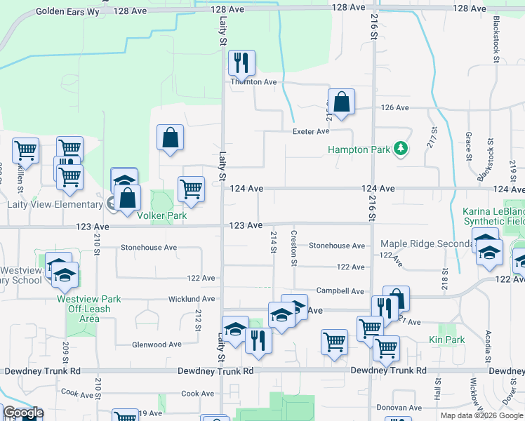 map of restaurants, bars, coffee shops, grocery stores, and more near 12350 Carlton Street in Maple Ridge