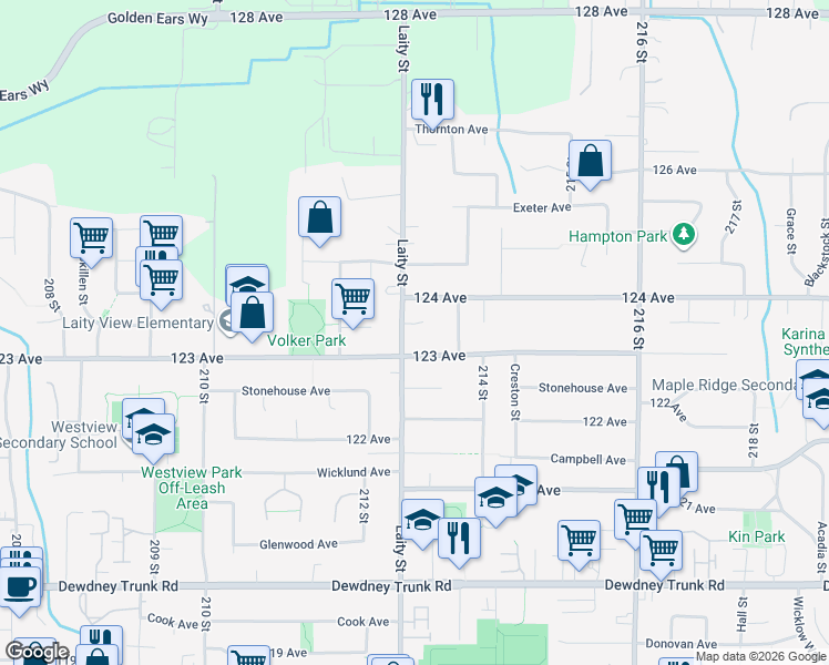 map of restaurants, bars, coffee shops, grocery stores, and more near 12350 Laity Street in Maple Ridge