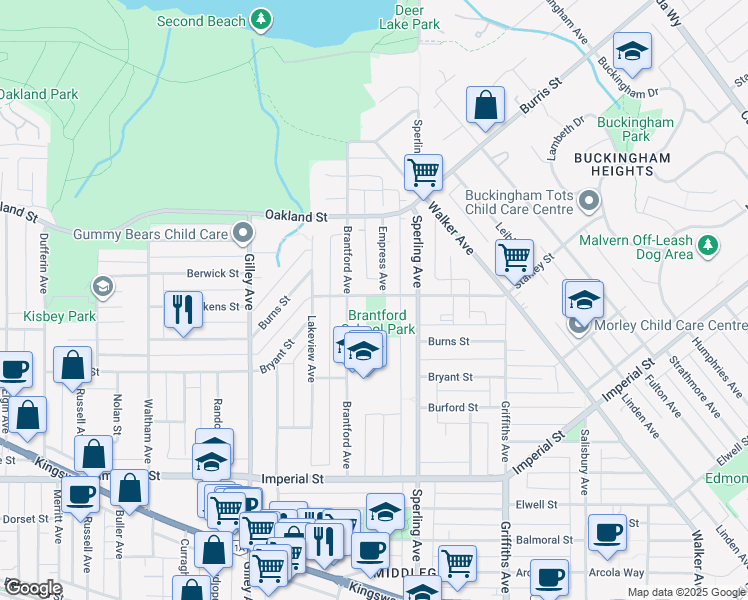 map of restaurants, bars, coffee shops, grocery stores, and more near 6636 Stanley Street in Burnaby