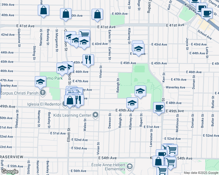 map of restaurants, bars, coffee shops, grocery stores, and more near 2765 Coleridge Avenue in Vancouver