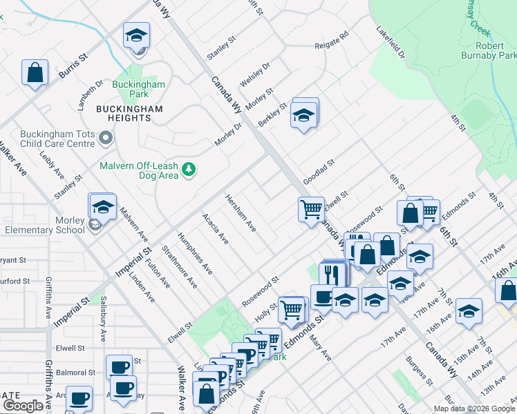 map of restaurants, bars, coffee shops, grocery stores, and more near 7611 Formby Street in Burnaby