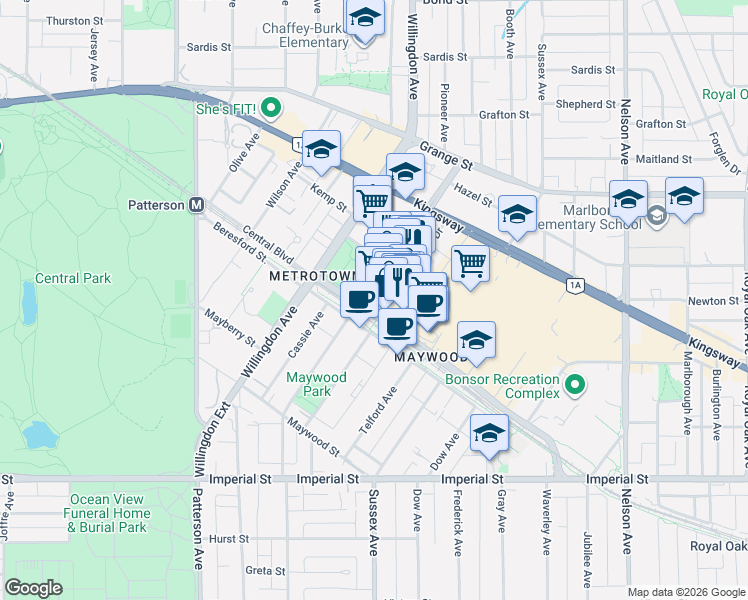 map of restaurants, bars, coffee shops, grocery stores, and more near 6240 McKay Avenue in Burnaby