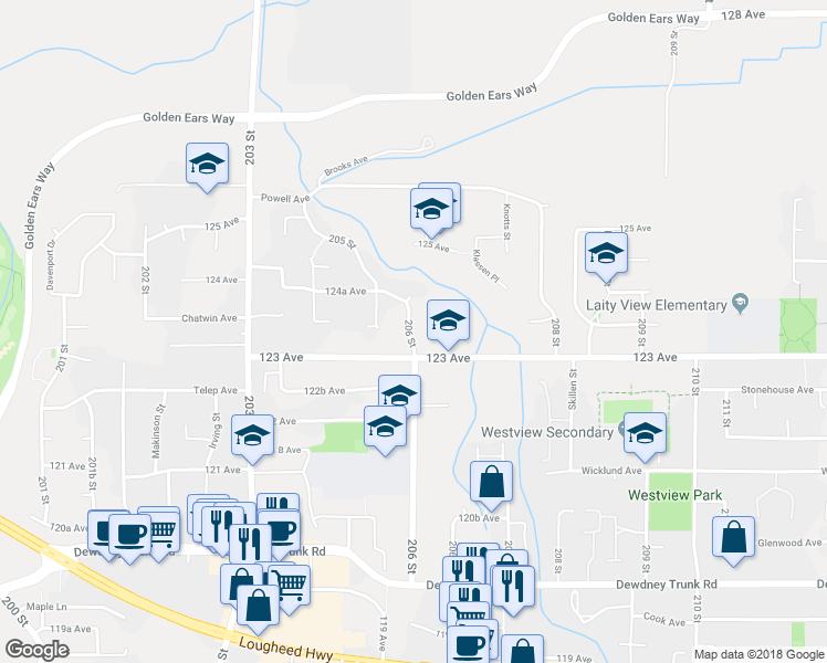 map of restaurants, bars, coffee shops, grocery stores, and more near 12340 206 Street in Maple Ridge