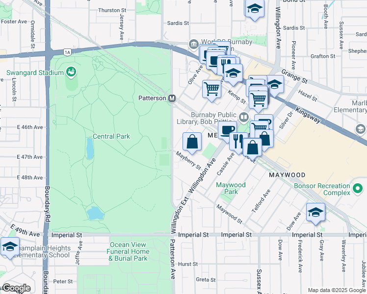 map of restaurants, bars, coffee shops, grocery stores, and more near 4221 Mayberry Street in Burnaby