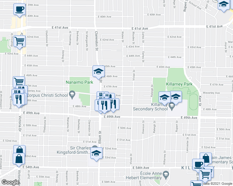 map of restaurants, bars, coffee shops, grocery stores, and more near 2679 Waverley Avenue in Vancouver