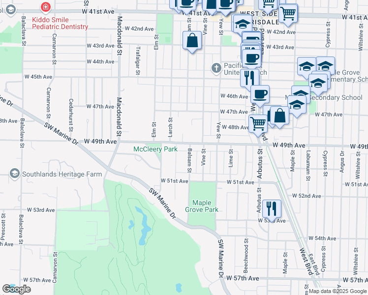 map of restaurants, bars, coffee shops, grocery stores, and more near 2438 West 49th Avenue in Vancouver