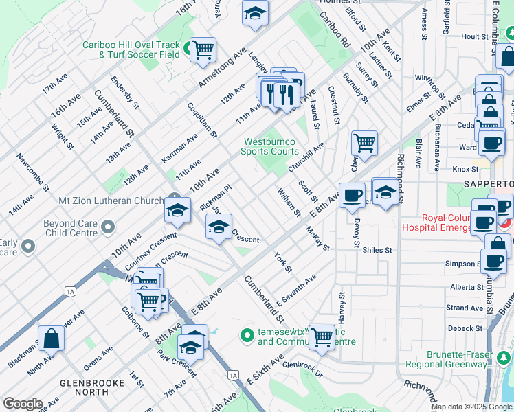 map of restaurants, bars, coffee shops, grocery stores, and more near 834 Massey Street in New Westminster