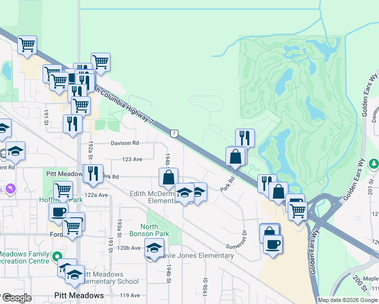 map of restaurants, bars, coffee shops, grocery stores, and more near 12348 Bonson Road in Pitt Meadows