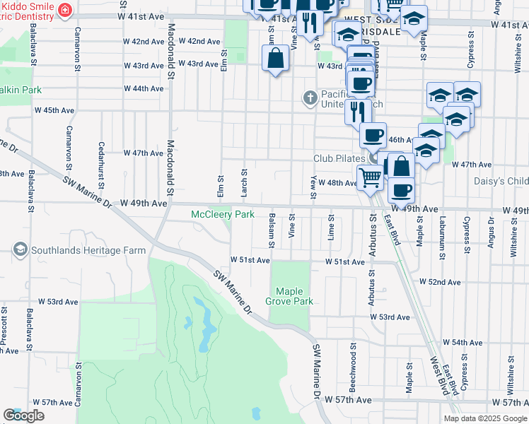 map of restaurants, bars, coffee shops, grocery stores, and more near 2432 West 49th Avenue in Vancouver